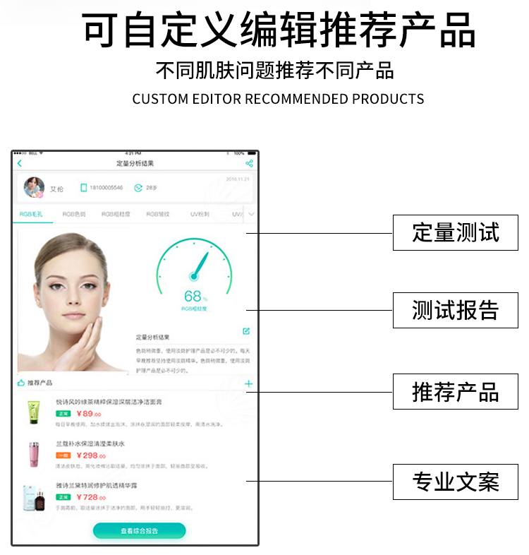 智能面部拍照儀針對不同的肌膚問題可自定義推薦不同的產(chǎn)品